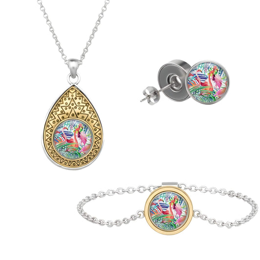 Set aus drei Klickschmuck-Halterungen für 18mm KLIQs (Kette, Ohrringe, Armband) mit dem Motiv Flamingo KLIQ Lebhaft Bunt Geometrie.