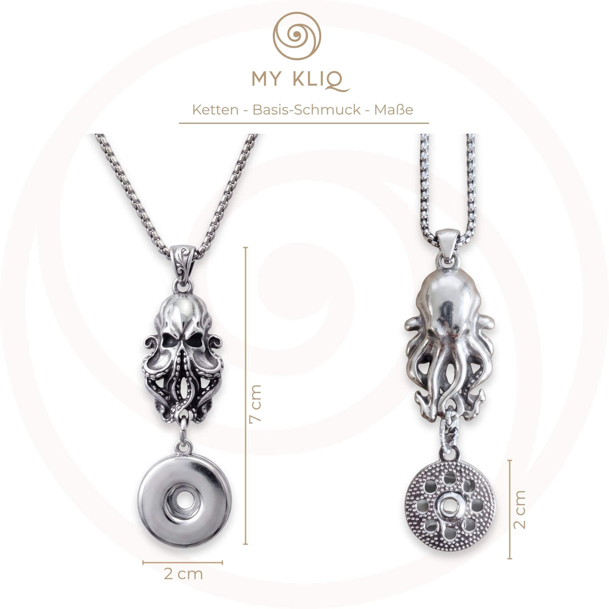 Produktübersicht der Kette „Kraken-Schädel“ Antik-Silber | MY KLIQ Basis (18mm) mit Maßangaben sowie Vorder- und Rückseite des Anhängers. Passend für austauschbare 18mm Motiv-KLIQs.