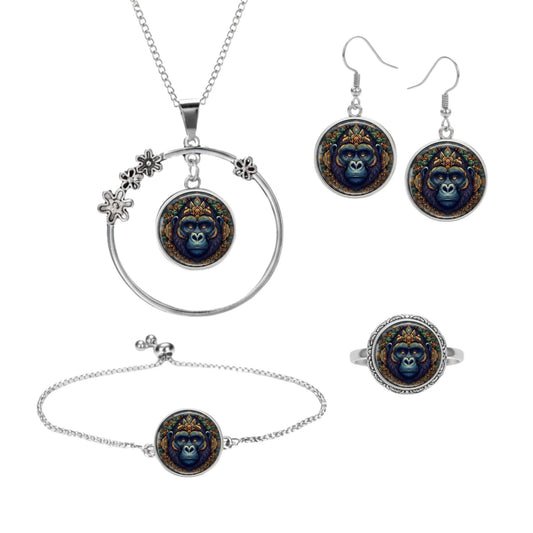 Set aus vier Klickschmuck-Halterungen für 18mm KLIQs (Kette, Ohrringe, Armband, Ring) mit dem Motiv Mandala KLIQ Gorilla.