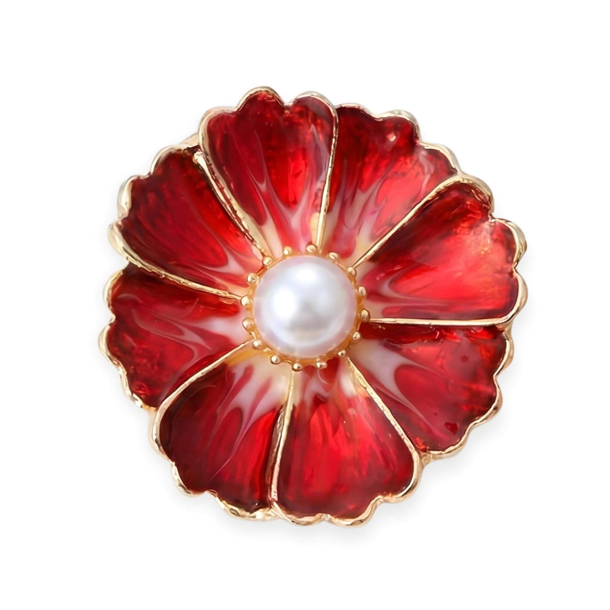 Hochwertiger Premium Metall-KLIQ 18mm "Ruby Rose" (Rot) mit goldfarbener Fassung und weißer Perle. Zeigt die Emaille-Textur der Blüte.