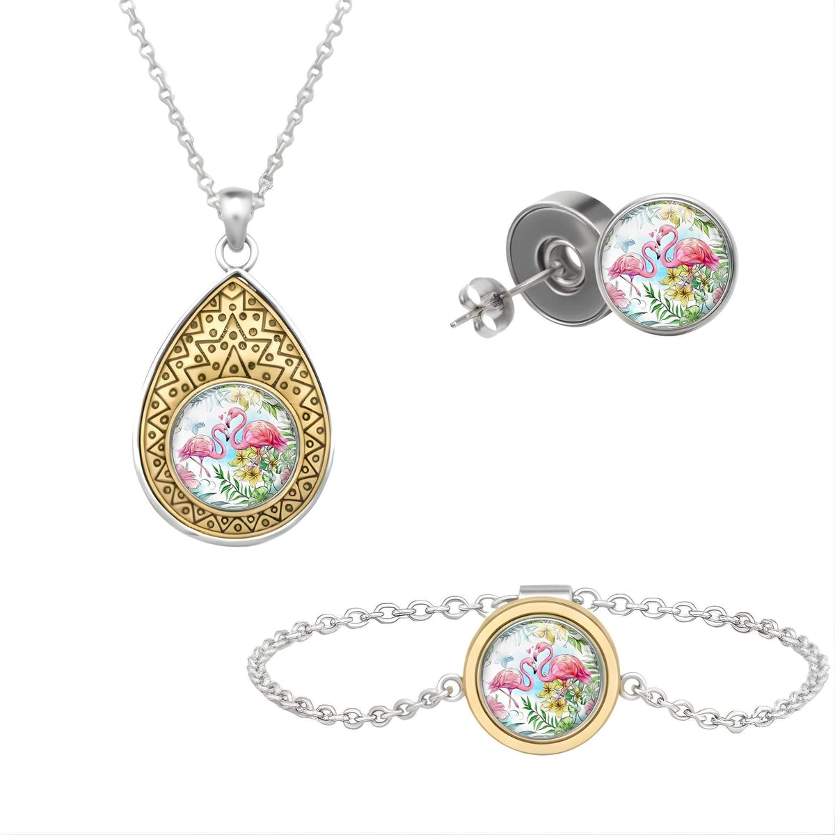 Set aus drei Klickschmuck-Halterungen für 18mm KLIQs (Kette, Ohrringe, Armband) mit dem Motiv Flamingo KLIQ Bunte Blumenwiese.