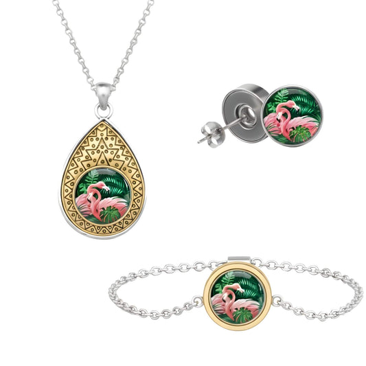 Set aus drei Klickschmuck-Halterungen für 18mm KLIQs (Kette, Ohrringe, Armband) mit dem Motiv Flamingo KLIQ Dschungel Grün.