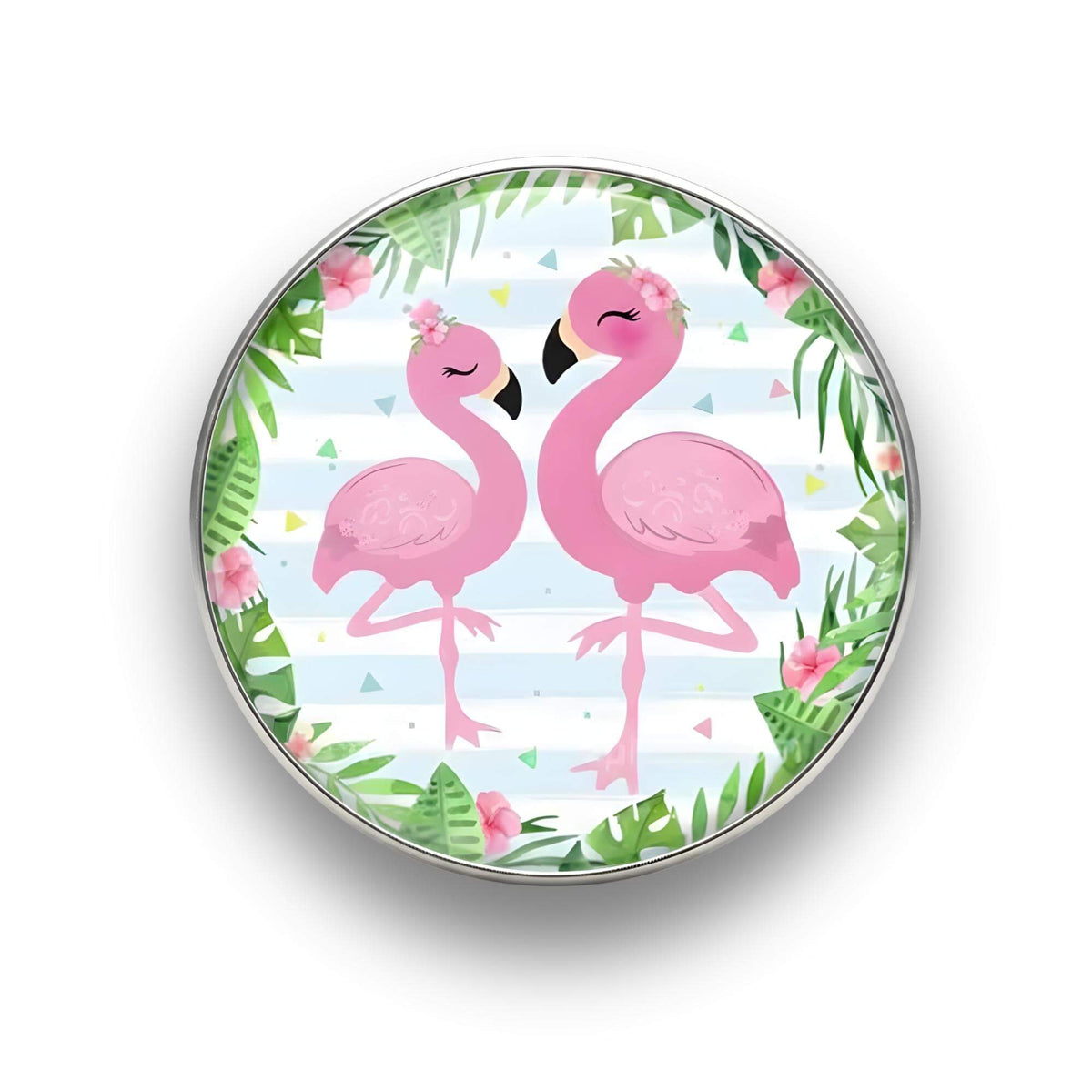 Nahaufnahme des 18mm Tropical Flamingo Glas Motiv-KLIQs "Glückliches Paar Hell". Der Druckknopf symbolisiert Verbundenheit und Glück.