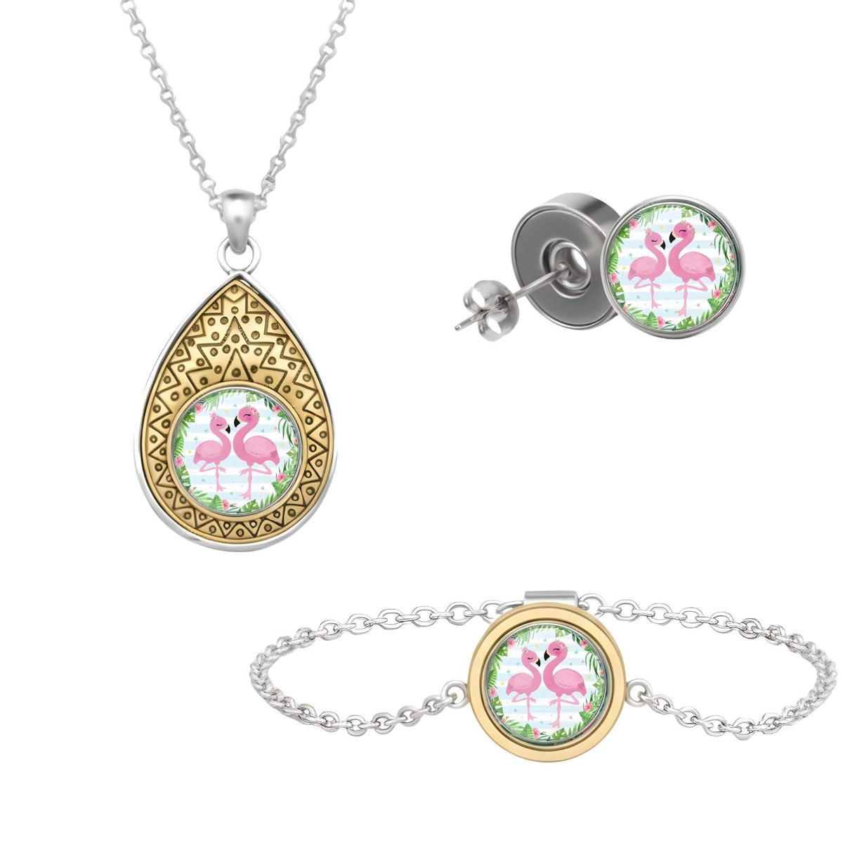 Set aus drei Klickschmuck-Halterungen für 18mm KLIQs (Kette, Ohrringe, Armband) mit dem Motiv Flamingo KLIQ Glückliches Paar Hell.
