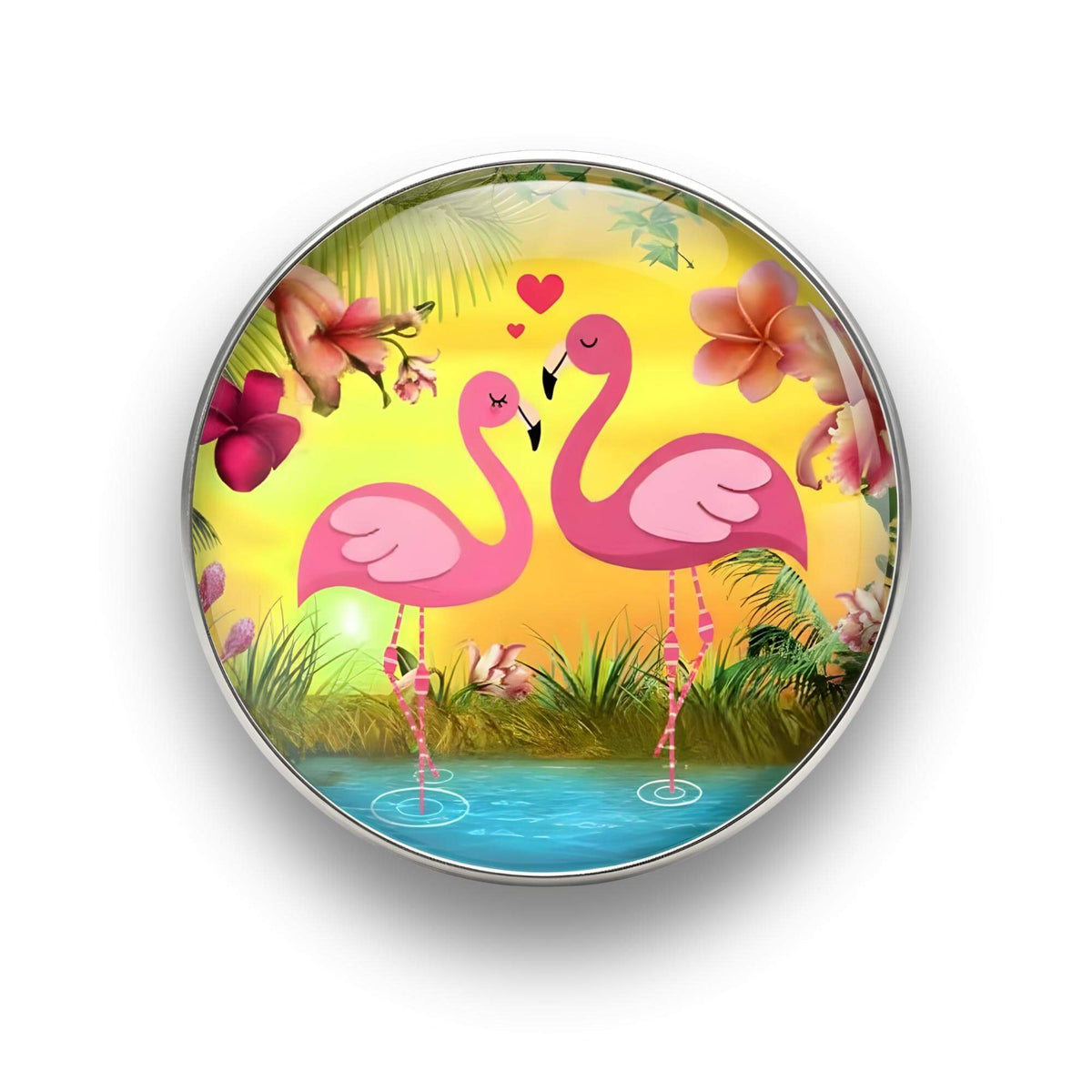 Nahaufnahme des 18mm Tropical Flamingo Glas Motiv-KLIQs "Herz-Sonnenuntergang". Der Druckknopf symbolisiert Romantik und Zuneigung.