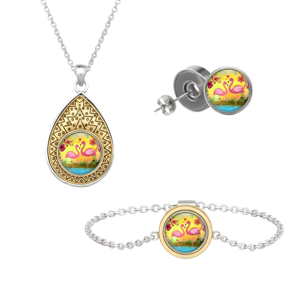 Set aus drei Klickschmuck-Halterungen für 18mm KLIQs (Kette, Ohrringe, Armband) mit dem Motiv Flamingo KLIQ Herz Sonnenuntergang.