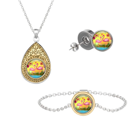 Set aus drei Klickschmuck-Halterungen für 18mm KLIQs (Kette, Ohrringe, Armband) mit dem Motiv Flamingo KLIQ Herz Sonnenuntergang.