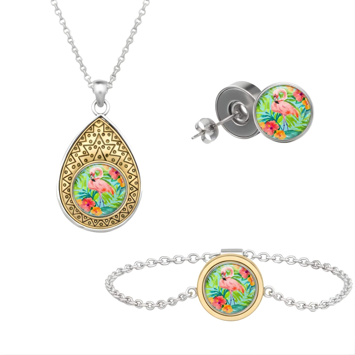 Set aus drei Klickschmuck-Halterungen für 18mm KLIQs (Kette, Ohrringe, Armband) mit dem Motiv Flamingo KLIQ Hibiskus Türkis.