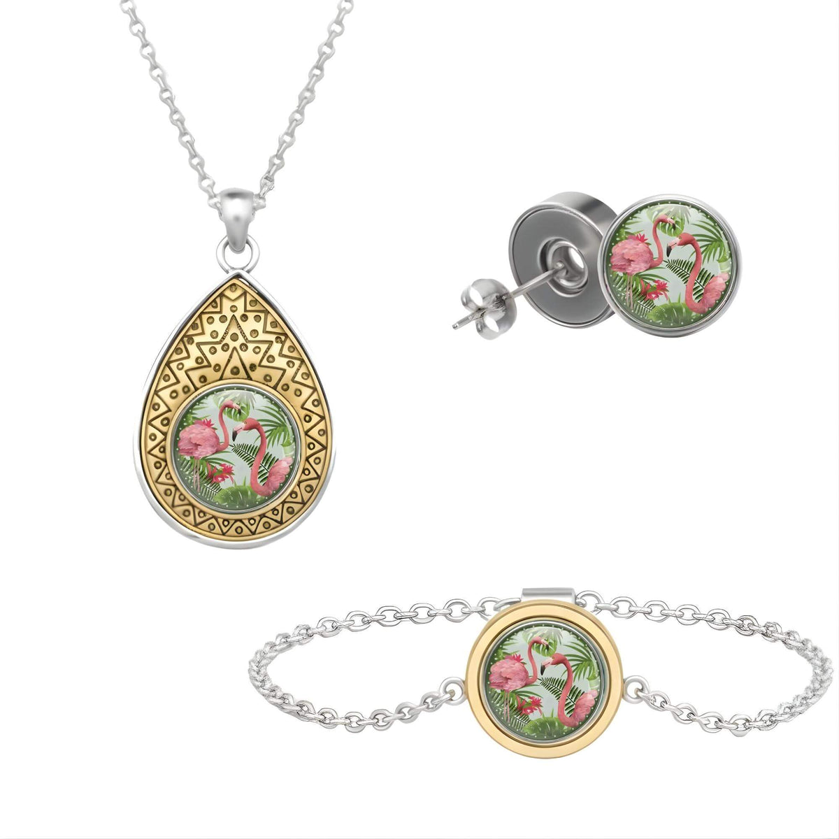 Set aus drei Klickschmuck-Halterungen für 18mm KLIQs (Kette, Ohrringe, Armband) mit dem Motiv Flamingo KLIQ Liebespaar Tropisch.