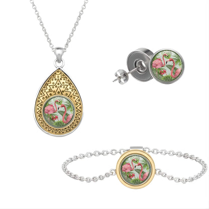 Set aus drei Klickschmuck-Halterungen für 18mm KLIQs (Kette, Ohrringe, Armband) mit dem Motiv Flamingo KLIQ Liebespaar Tropisch.