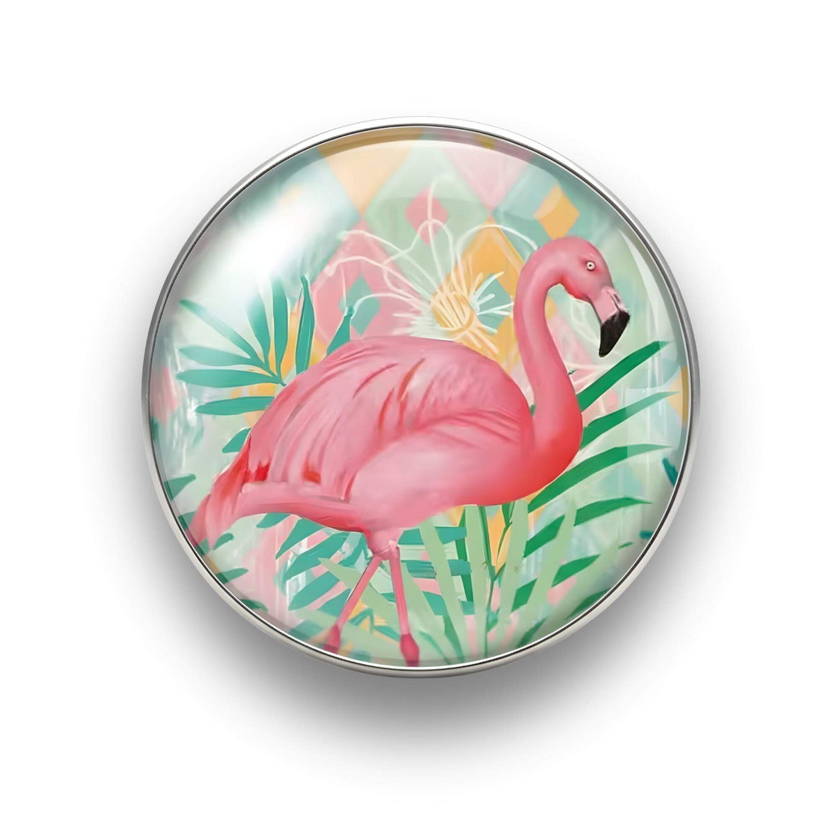 Nahaufnahme des 18mm Tropical Flamingo Glas Motiv-KLIQs "Palmen Muster". Der Druckknopf symbolisiert Erholung und Gelassenheit.