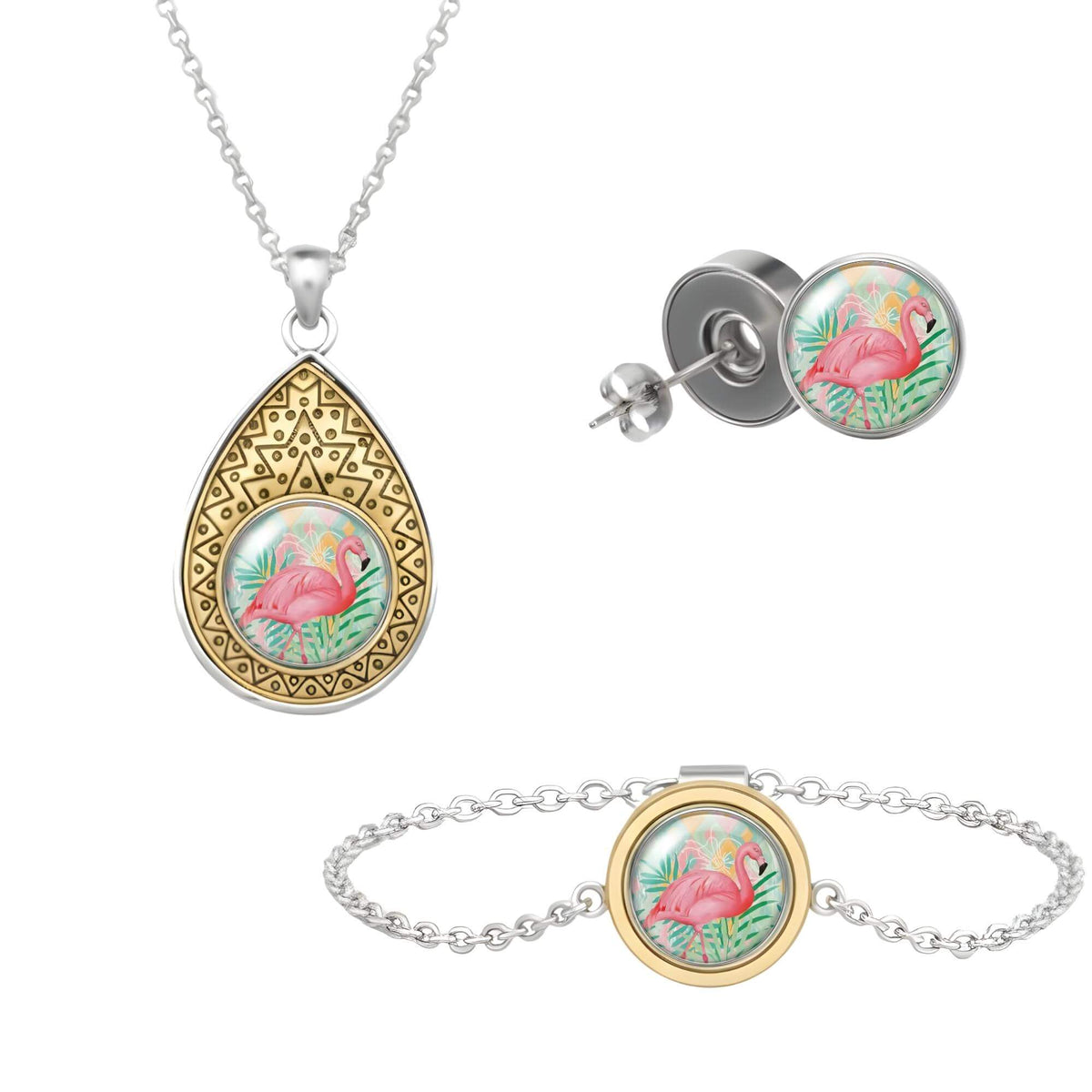 Set aus drei Klickschmuck-Halterungen für 18mm KLIQs (Kette, Ohrringe, Armband) mit dem Motiv Flamingo KLIQ Palmen Muster Tropisch.