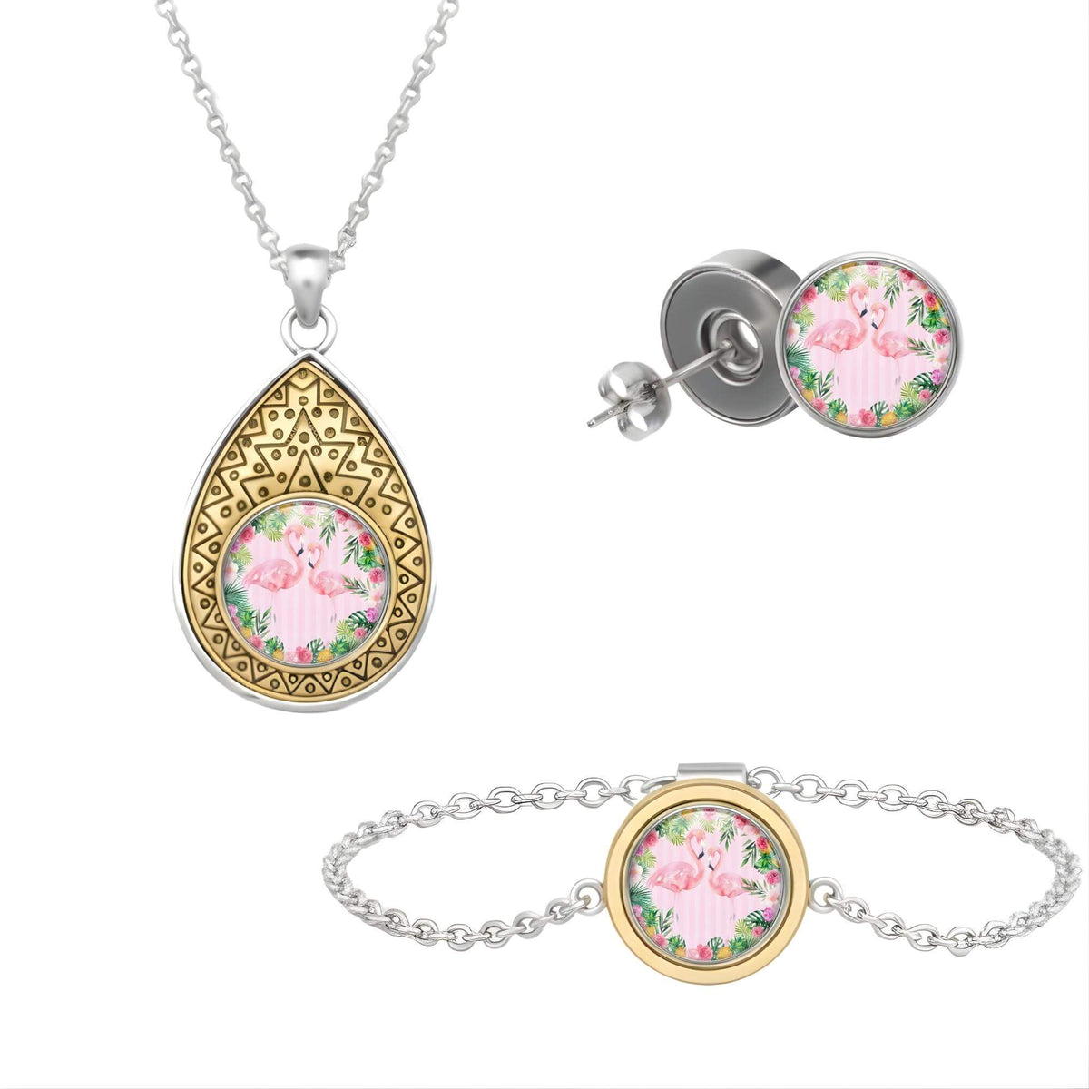 Set aus drei Klickschmuck-Halterungen für 18mm KLIQs (Kette, Ohrringe, Armband) mit dem Motiv Flamingo KLIQ Pastell Streifen Geometrie.