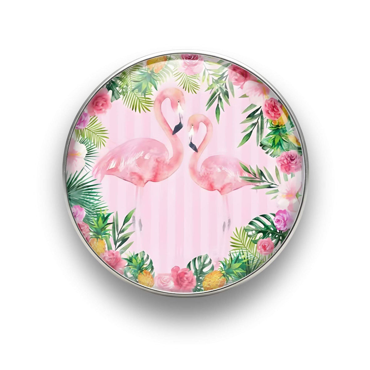 Nahaufnahme des 18mm Tropical Flamingo Glas Motiv-KLIQs "Pastell Streifen". Der Druckknopf symbolisiert Feminine Anmut und Ruhe.