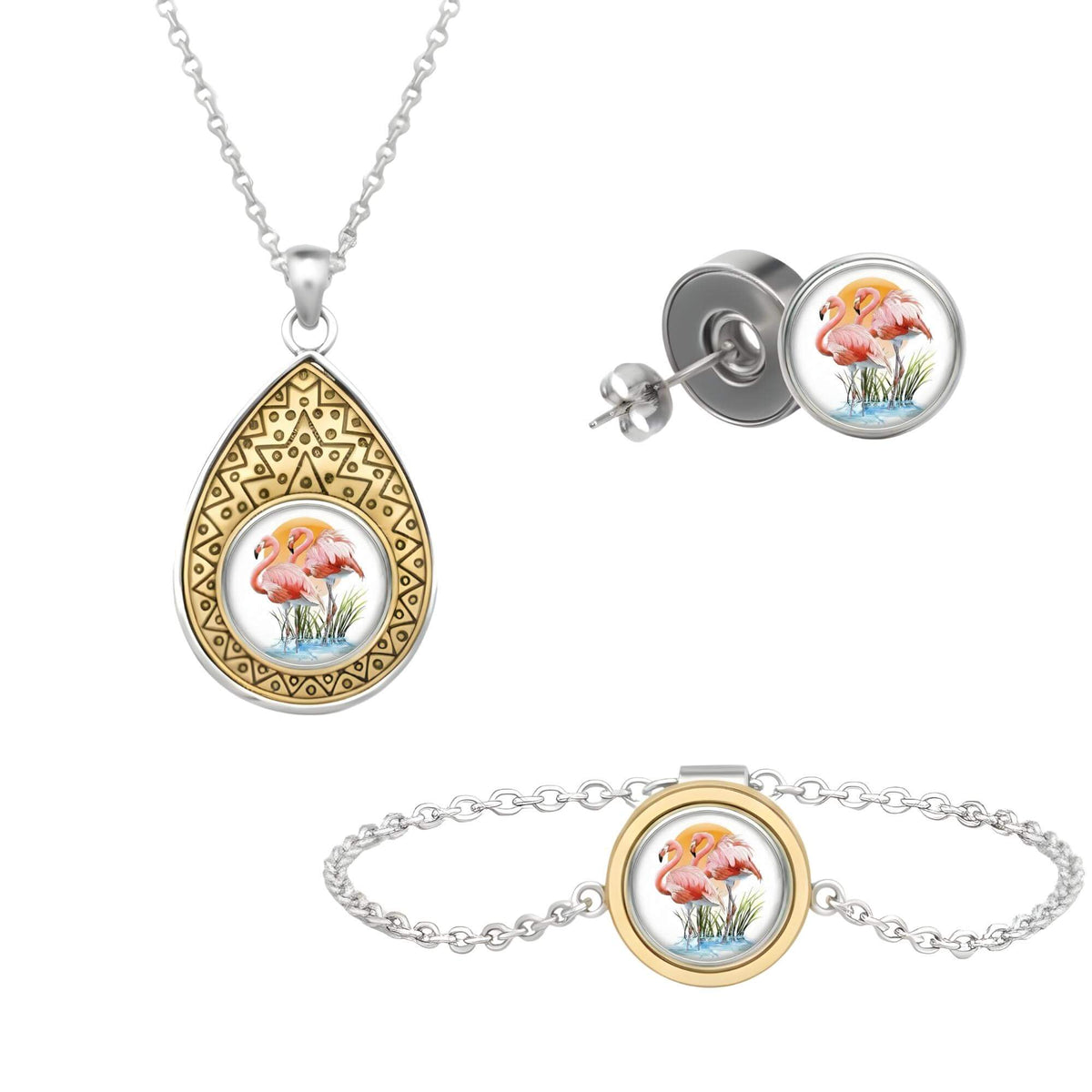 Set aus drei Klickschmuck-Halterungen für 18mm KLIQs (Kette, Ohrringe, Armband) mit dem Motiv Flamingo KLIQ Strand Dünen Coastal.