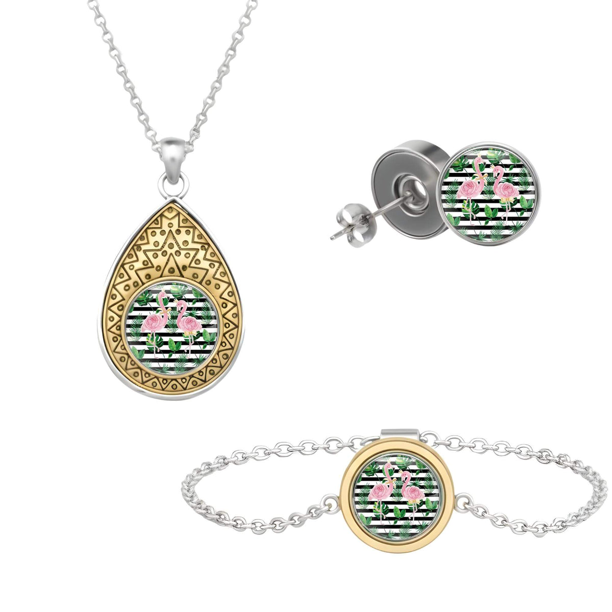 Set aus drei Klickschmuck-Halterungen für 18mm KLIQs (Kette, Ohrringe, Armband) mit dem Motiv Flamingo KLIQ Tropisch Schwarz-Weiß.