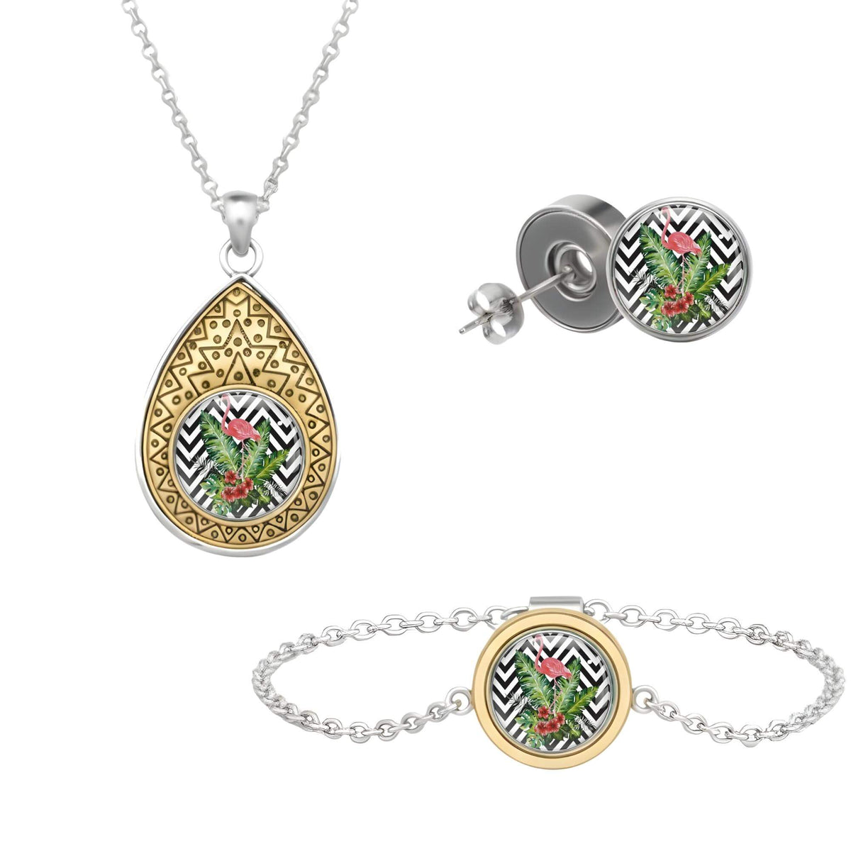 Set aus drei Klickschmuck-Halterungen für 18mm KLIQs (Kette, Ohrringe, Armband) mit dem Motiv Flamingo KLIQ Zick-Zack Geometrie.