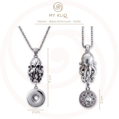 Produktübersicht der Kette „Kraken-Schädel“ Antik-Silber | MY KLIQ Basis (18mm) mit Maßangaben sowie Vorder- und Rückseite des Anhängers. Passend für austauschbare 18mm Motiv-KLIQs.