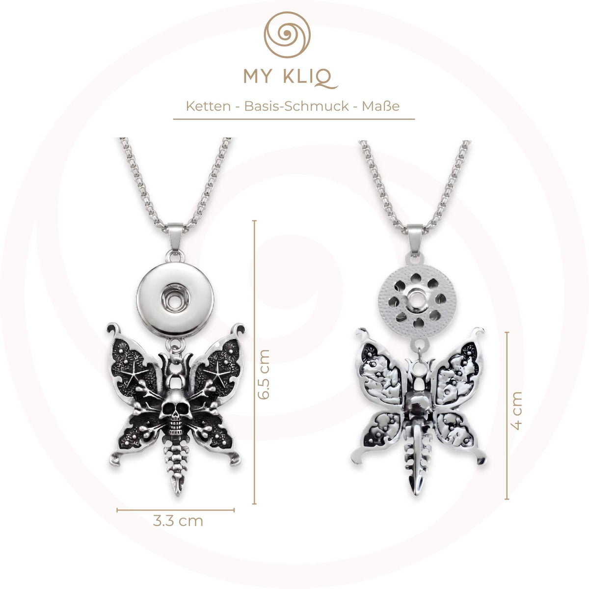 roduktübersicht der Kette „Totenkopf-Schmetterling“ Antik-Silber | MY KLIQ Basis (18mm) mit Maßangaben sowie Vorder- und Rückseite des Anhängers. Passend für austauschbare 18mm Motiv-KLIQs.