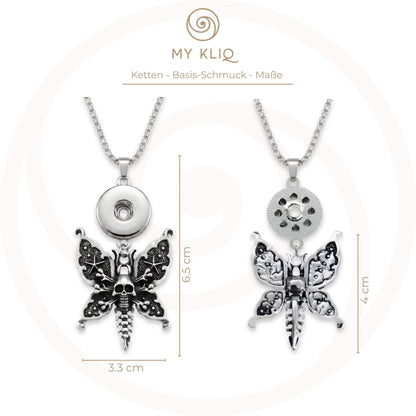 roduktübersicht der Kette „Totenkopf-Schmetterling“ Antik-Silber | MY KLIQ Basis (18mm) mit Maßangaben sowie Vorder- und Rückseite des Anhängers. Passend für austauschbare 18mm Motiv-KLIQs.