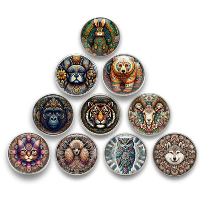 Kollektionsbild 10 Mandala Krafttiere KLIQs (18mm): Eule, Wolf, Tiger, Bär, Widder, Gorilla, Katze, Pudel, Hase und Bulldogge.