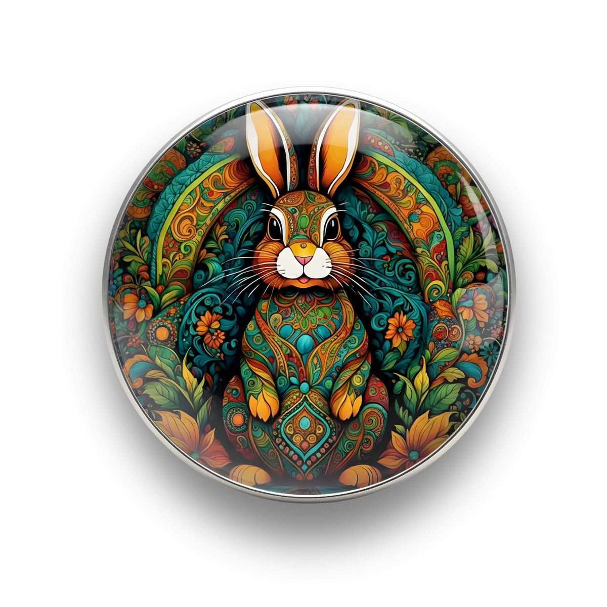 Nahaufnahme des 18mm Mandala Glas Motiv-KLIQs "Bunter Hase" in Türkis und Orange. Der Druckknopf symbolisiert Lebenskraft.