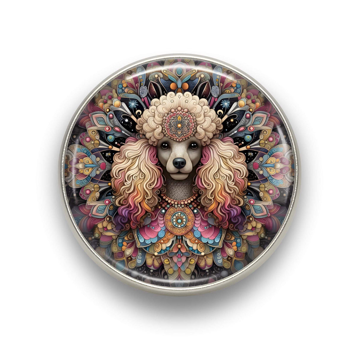 Nahaufnahme des 18mm Mandala Glas Motiv-KLIQs "Eleganter Pudel". Der Druckknopf symbolisiert Intelligenz und stolze Eleganz.