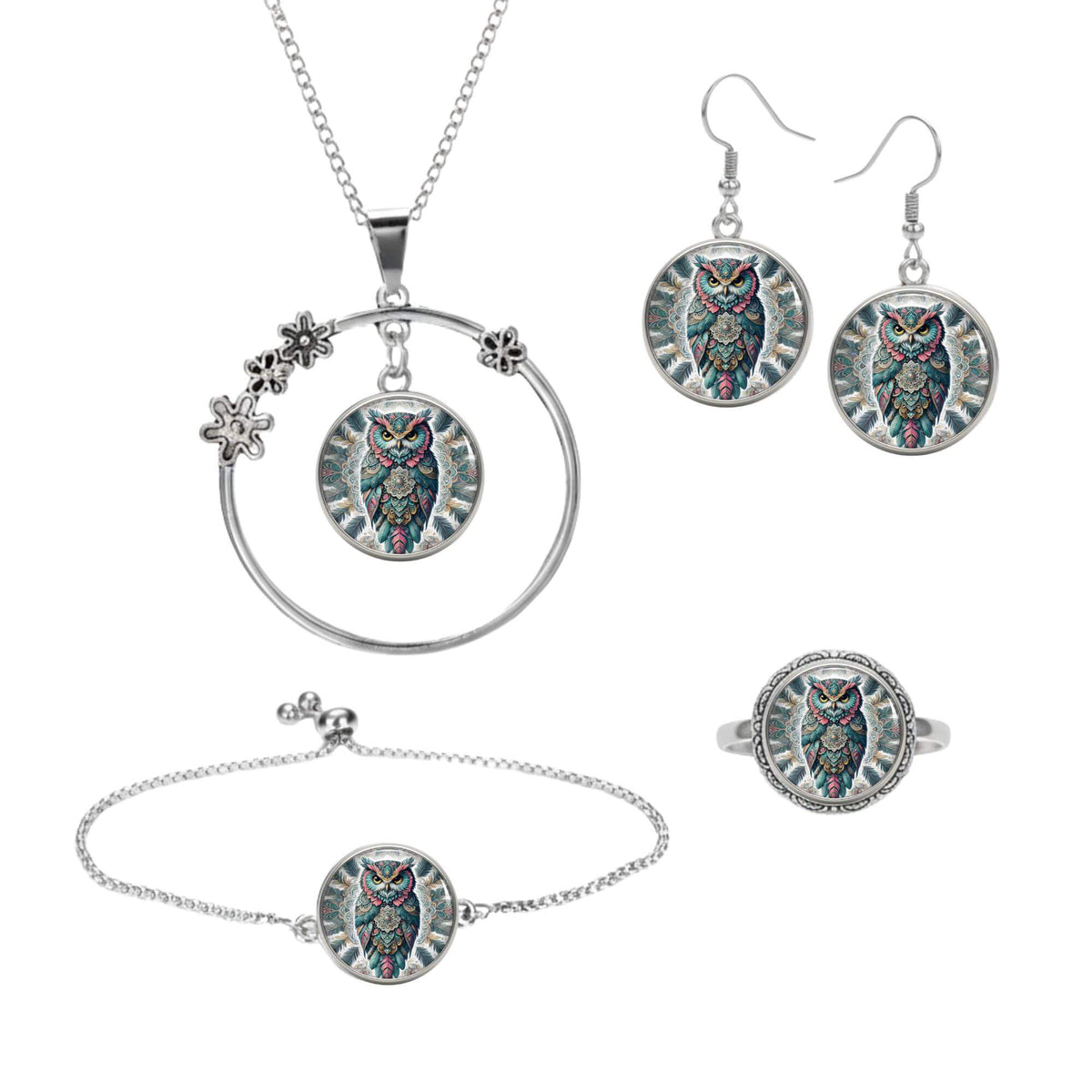 Set aus vier Klickschmuck-Halterungen für 18mm KLIQs (Kette, Ohrringe, Armband, Ring) mit dem Motiv Mandala KLIQ Eule.