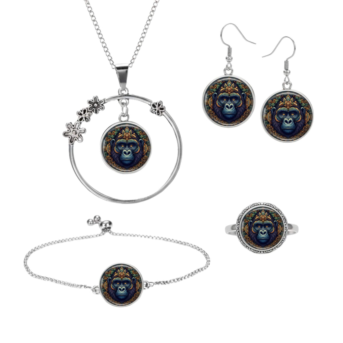 Set aus vier Klickschmuck-Halterungen für 18mm KLIQs (Kette, Ohrringe, Armband, Ring) mit dem Motiv Mandala KLIQ Gorilla.