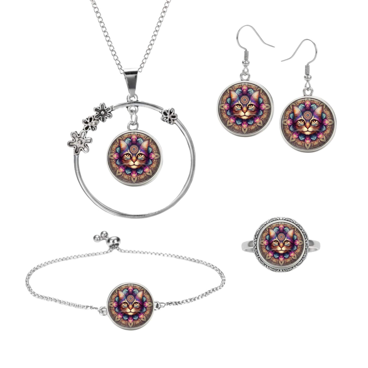 Set aus vier Klickschmuck-Halterungen für 18mm KLIQs (Kette, Ohrringe, Armband, Ring) mit dem Motiv Mandala KLIQ Katze.