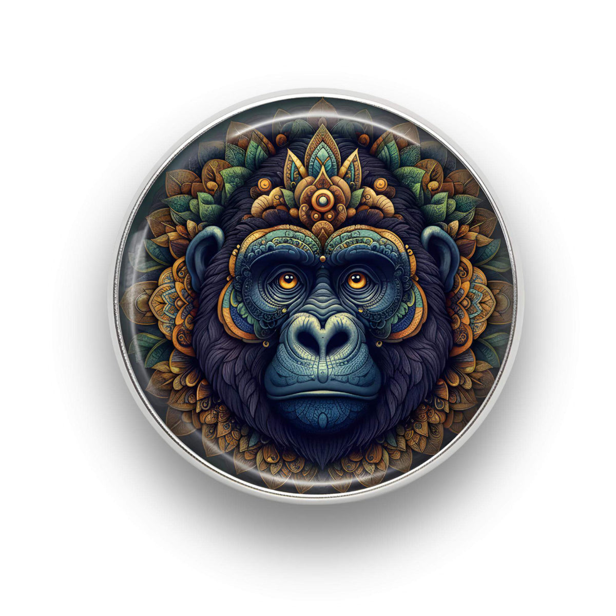 Nahaufnahme des 18mm Mandala Glas Motiv-KLIQs "Weiser Gorilla". Der Druckknopf symbolisiert Würde und innere Ruhe.