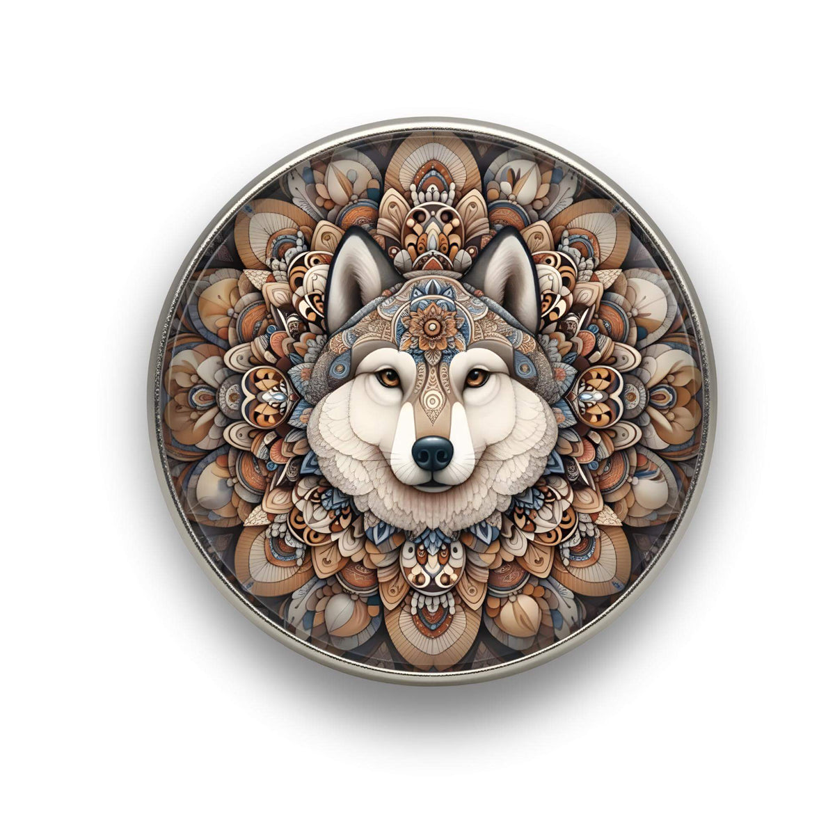 Nahaufnahme des 18mm Mandala Glas Motiv-KLIQs "Wilder Wolf". Der Druckknopf symbolisiert Freiheit und Loyalität.