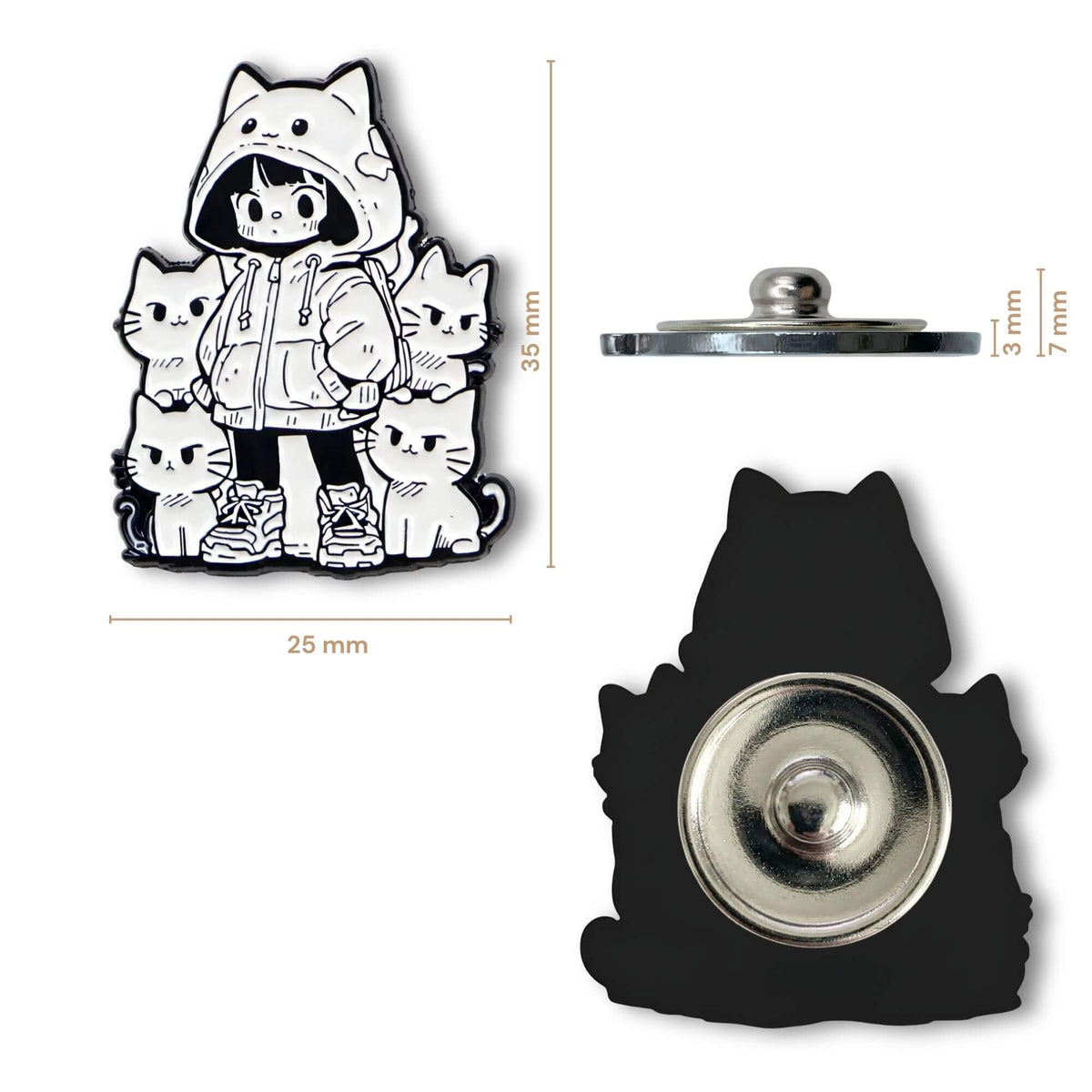 Technische Übersicht des 18mm Emaille-KLIQs 'Neko Crew' mit genauen Maßen: Vorderansicht des schwarz-weißen Anime Hoodie-Mädchens mit Katzen (25mm x 35mm), Seitenansicht mit sichtbarem Druckknopf-Verschluss (3mm/7mm Höhe) und Rückansicht mit Metall-KLIQ-Mechanismus für das 18mm KLIQ-System.