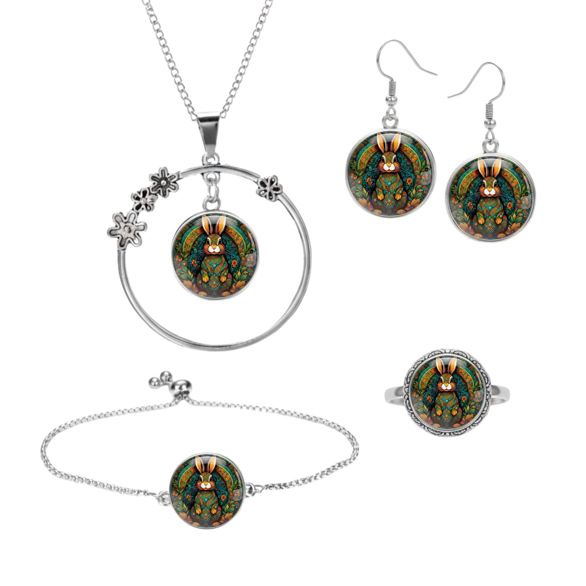 Set aus vier Klickschmuck-Halterungen für 18mm KLIQs (Kette, Ohrringe, Armband, Ring). Das Beispielmotiv ist der Mandala KLIQ Hase.
